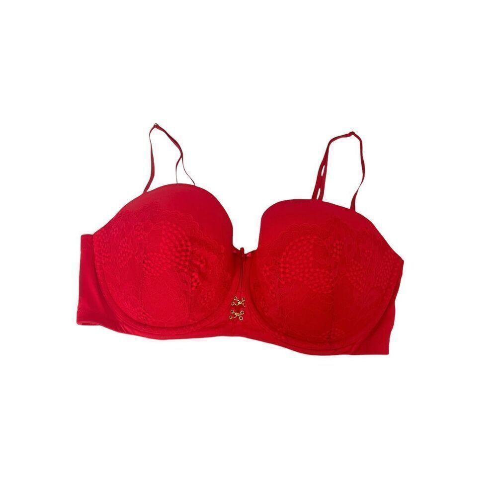 Cacique lace‎ push up Boost strapless bra Size 40F red